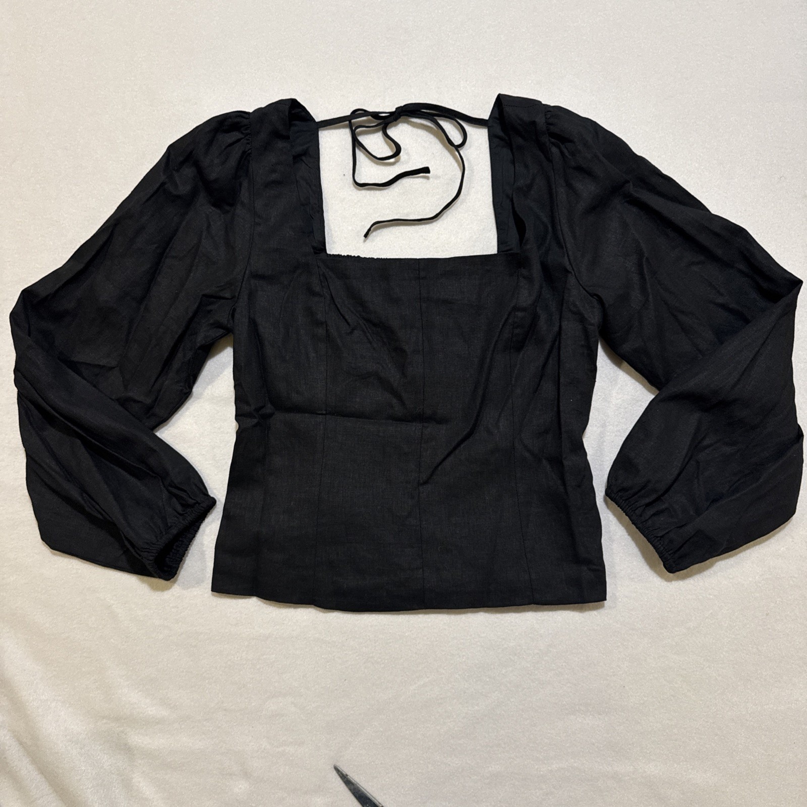 Gap Womens Sz M Black Linen Blend Smocked Back Puff Sleeve Square Neck Crop Top